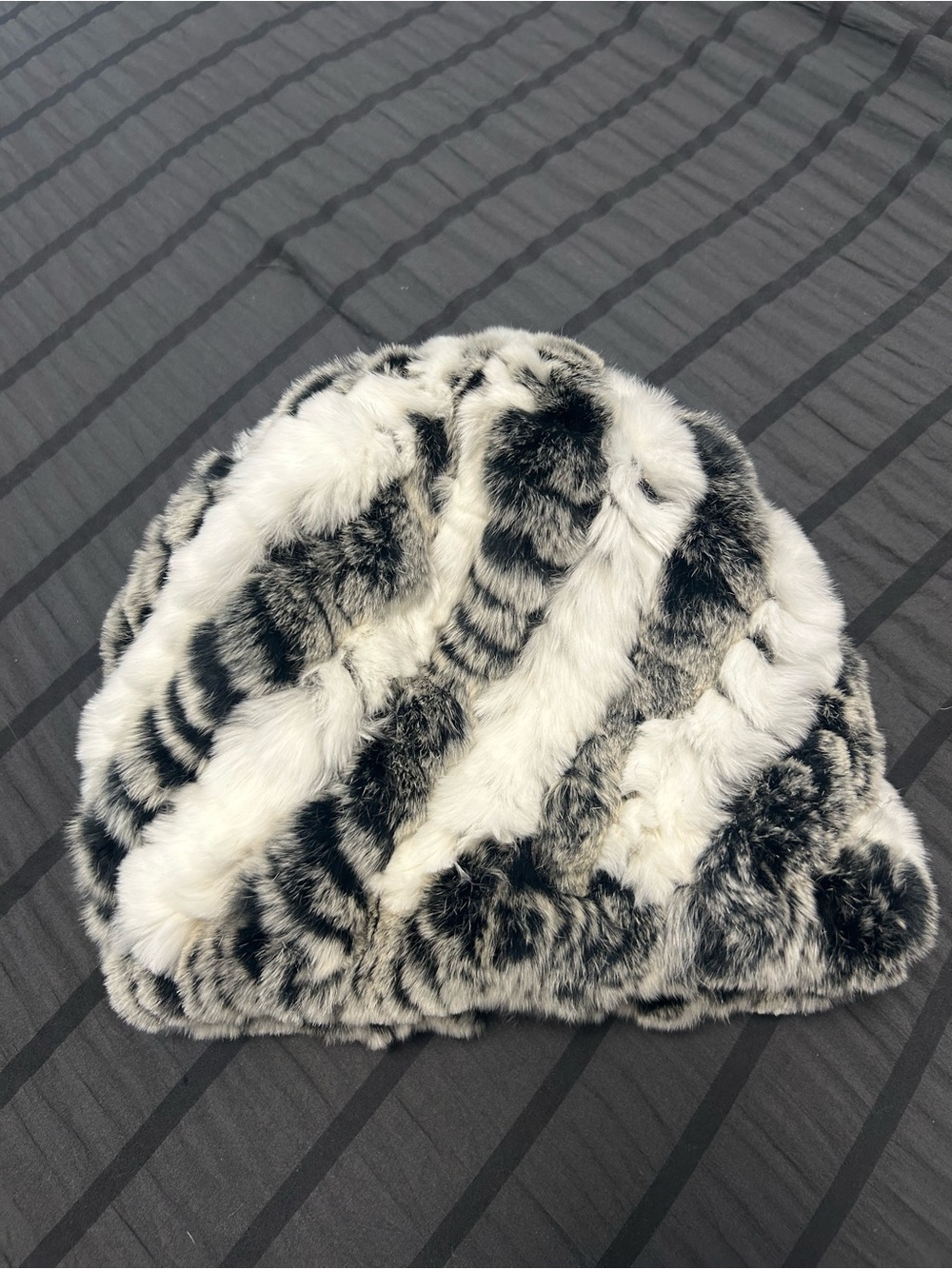 Plush Faux Fur Beanie Hat - Black and White